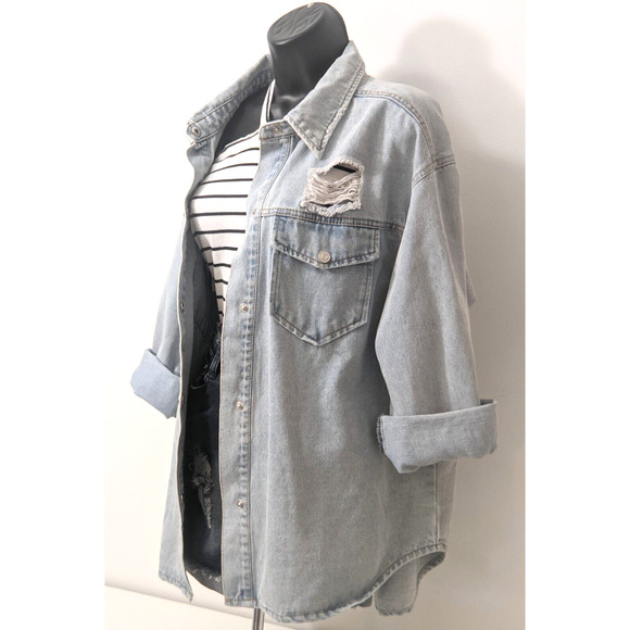 Ci Sono Womens Distressed Denim Jean Curved Hem Pockets Y2K 90s Jacket Shirt Top - Picture 4 of 14